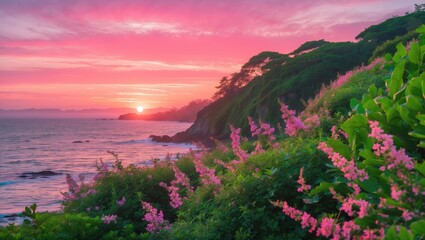 Poster - Serene Coastal Sunset Featuring Vibrant Pink Skies and Lush Greenery Along the Shores