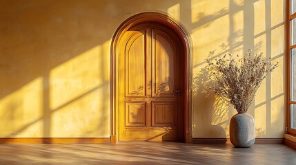 Aufkleber - Sunlit Interior Wooden Door, Dried Flowers, Warm Room