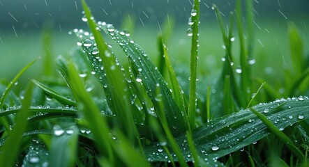 Poster - Dewdrops on Fresh Green Grass Captured in Macro Photography Showcasing Nature's Beauty After Rainfall in a Serene Environment