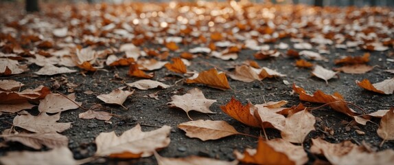 Poster - Fallen Dry Deciduous Leaves on Ground with Warm Tones and Copy Space for Text in Autumn Nature Setting