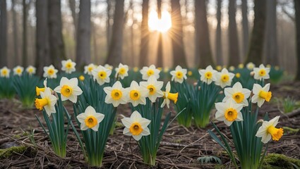 Poster - Daffodils Blossoming in Forest with Sunlight Filtering Through Trees Creating a Tranquil Spring Scene