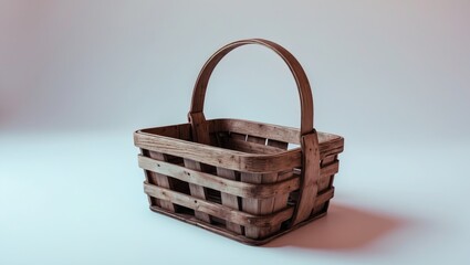 Poster - Empty Rustic Wooden Basket with Handle on Neutral Background Ideal for Text Insertion and Creative Designs