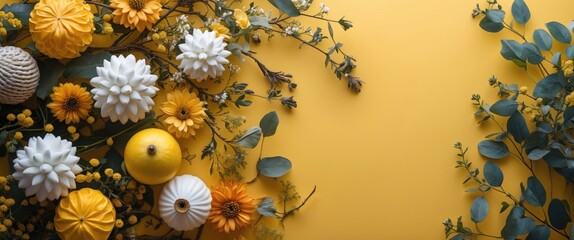 Poster - Vibrant Floral Arrangement with Decorative Elements on a Bright Yellow Background