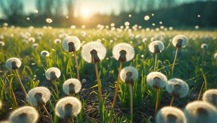 Poster - Dandelion Seeds Blowing In The Breeze With Soft Sunlight And Empty Space For Text In A Spring Meadow Setting
