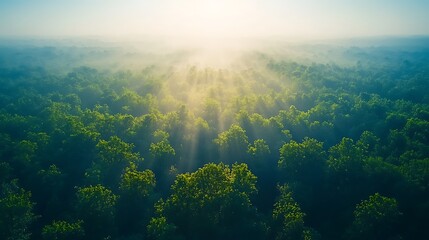 Poster - Sunrise Aerial Forest Mist Beams