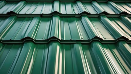 Poster - Closeup of green metal tile roofing texture pattern showcasing construction materials for new housing and architectural finishing details.