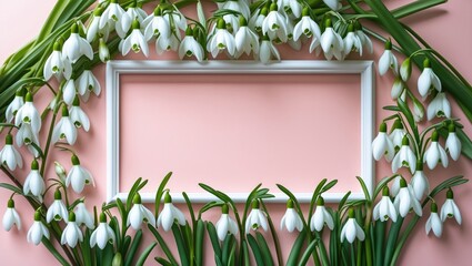 Poster - Spring Flat Lay Composition of Snowdrop Flowers Framed on Pink Background with Copy Space for Text or Design in Minimalistic Style.