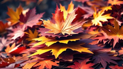Poster - Autumn tapestry of layered maple leaves showcasing vibrant colors of red, orange, and yellow in a natural setting.