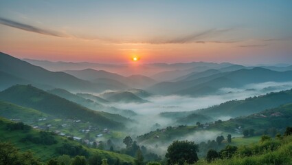 Poster - Serene sunset over layered green mountains and hills with fog in the valleys creating a picturesque landscape in tranquil evening light.