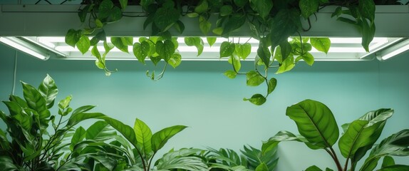 Poster - Vibrant Green Indoor Plants Under Bright Light With Space For Text Overlay