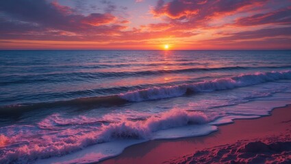 Poster - Tranquil Sunset Over Calm Sea with Gentle Waves and Serene Sandy Beach Landscape at Dusk