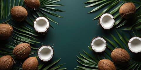 Poster - Coconuts and Tropical Leaves Arrangement on Dark Background with Space for Custom Text or Branding.
