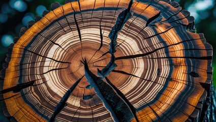 Poster - Crosssection of a tree trunk highlighting intricate growth rings, rich wood textures, and natural patterns in a visually engaging manner