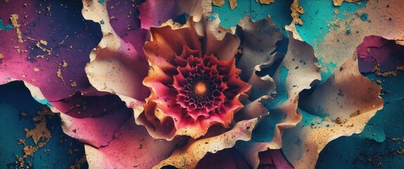 Poster - Vibrant abstract floral design with textured layers in shades of pink, blue, and gold for artistic backgrounds and creative projects