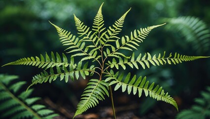 Poster - Lush Green Fern in the Initial Leaf Development Stage Surrounded by a Vibrant Forest Background Ideal for Nature and Botany Themes
