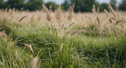 Poster - Pampas Grass and Dry Wild Grasses on Lush Green Field Under Soft Natural Light