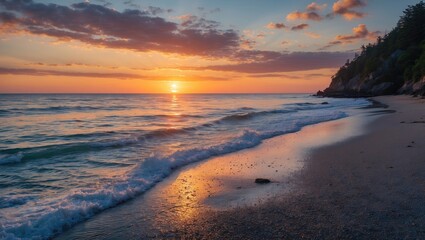 Poster - Serene Coastal Sunset Over Tranquil Shoreline with Gentle Waves and Space for Text Overlay