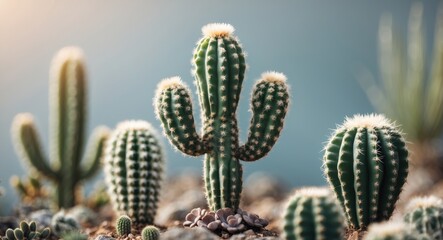 Poster - Vibrant group of cacti with soft spines and lush greenery against a blurred background ideal for text overlay and nature-themed projects