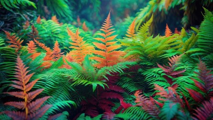 Poster - Vibrant Multicolored Ferns in a Lush Forest Setting Capturing the Essence of Nature's Beauty and Diversity