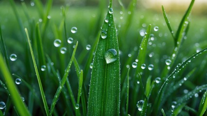 Poster - Dew Drops On Fresh Green Grass Blades With Soft Focus Background Ideal For Spring Themes And Text Placement