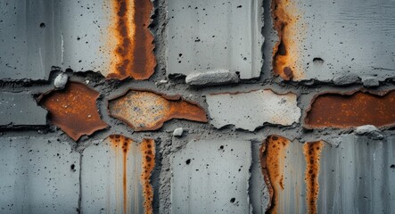 Poster - Rusty concrete wall texture with damaged surface patterns suitable for vintage or industrial backgrounds in graphic design projects.
