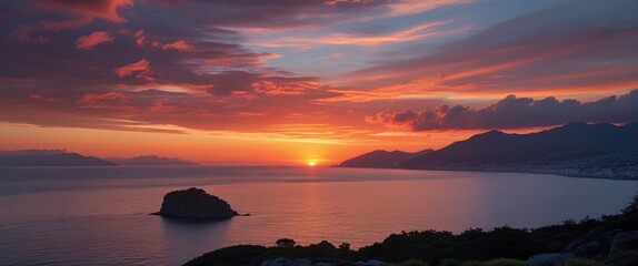 Poster - Vibrant Sunset Over Calm Bay with Majestic Mountains and Serene Water Reflection