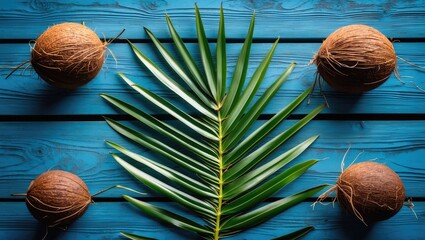 Poster - Coconut Leaves and Whole Shells on Vibrant Blue Wooden Background with Space for Text or Design Elements