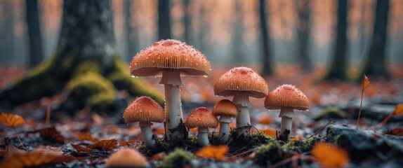 Poster - Dewy Mushrooms Growing in Autumn Forest with Blurred Background and Space for Text or Design Elements.