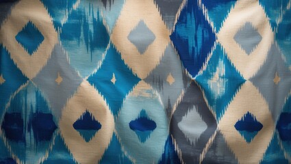 Poster - Multicolored silk fabric texture featuring oblong rhombus patterns in grunge blue, azure, beige, and gray for decorative design accents.