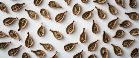 Poster - Dried jungle tree seeds arranged on a white background showcasing organic textures with ample space for text and design elements.