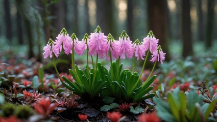 Poster - Pink Cyclamen Flowers Blooming in Lush Forest Underbrush with Soft Natural Light and Vibrant Greenery Surrounding the Scene