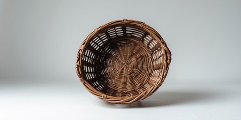 Poster - Empty Round Wicker Basket Isolated on White Background with Ample Copy Space for Text and Design Elements
