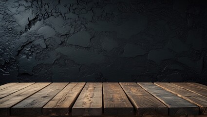 Poster - Wooden table with rustic texture against a textured black background ideal for product placement and commercial display purposes.