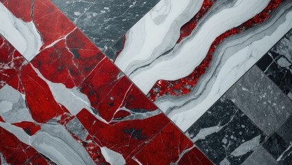 Poster - Abstract marble and granite tile composition featuring striking red, gray, and white patterns suitable for elegant interior design themes.