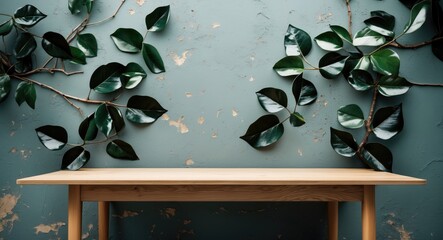 Fototapete - Stylish Empty Table Against Textured Wall with Green Leaves for Stylish Interior Design or Text Overlay Space