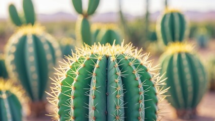 Poster - Closeup of Blurred Green Cacti in Desert Landscape Highlighting Thorny Hexagonal Shape and Natural Beauty with Selective Focus.