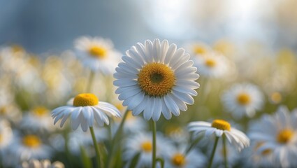 Poster - Close-up of a vibrant daisy flower surrounded by a soft, blurred background of blooming daisies in a sunlit field.