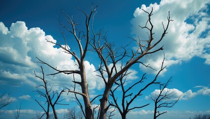 Poster - Barren tree branches silhouetted against a bright blue sky with fluffy white clouds creating a stark contrast in nature's scenery.