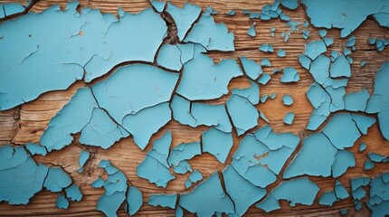 Poster - Cracked light blue paint texture revealing weathered wood beneath in a vintage retro style suitable for backgrounds and design projects