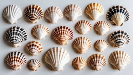 Poster - Diverse Collection of Striped Seashells Displayed on a Clean White Background for Natural Beauty and Home Decor Inspiration