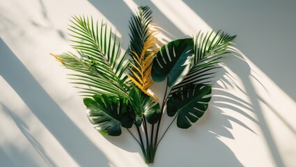 Poster - Tropical Leaves Arrangement with Shadows on a Sunlit Background Creating a Minimalist Artistic Concept for Design and Decor.