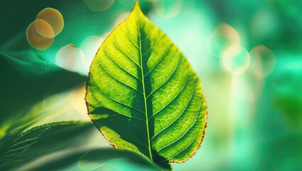 Poster - Vibrant Green Leaf Detail Against Soft Light With Blurred Background For Text Placement And Natural Themes