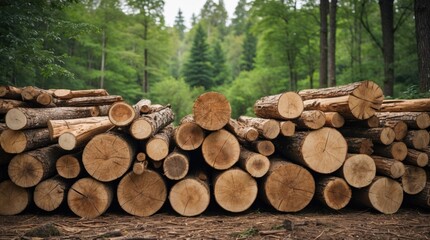 Poster - Stacked Cut Timber Logs in a Lush Green Forest Surrounded by Tall Trees and Natural Scenery
