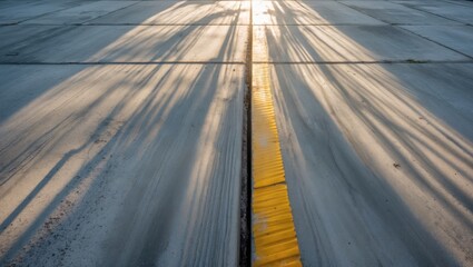 Poster - Concrete pavement illuminated by sunrays casting long shadows with a yellow curb contrasting against the grey surface in serene morning light.