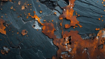 Poster - Rusty slate texture with orange stains and defects ideal for industrial backgrounds or abstract art displays.