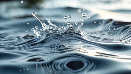 Poster - Calm Water Surface with Radiant Ripples and Splashing Bubbles in a Serene Natural Setting