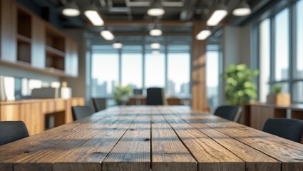 Poster - Modern office interior with empty wooden table in foreground and blurred workspace background showcasing natural light and decor.