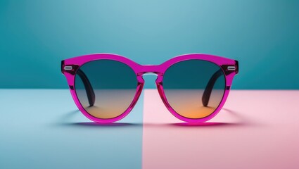 Poster - Fashionable Pink Sunglasses on Colorful Background Minimalist Still Life with Copy Space for Text in Trendy Neon Mood