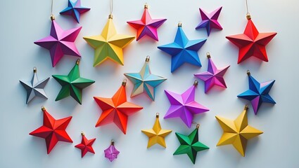 Poster - Vibrant paper stars in various colors arranged on a white background creating a festive and cheerful holiday atmosphere