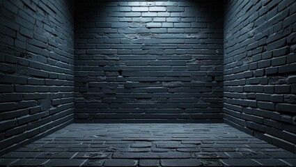 Poster - Dark brick wall with dramatic lighting creating an empty grunge studio background ideal for photography and design projects.